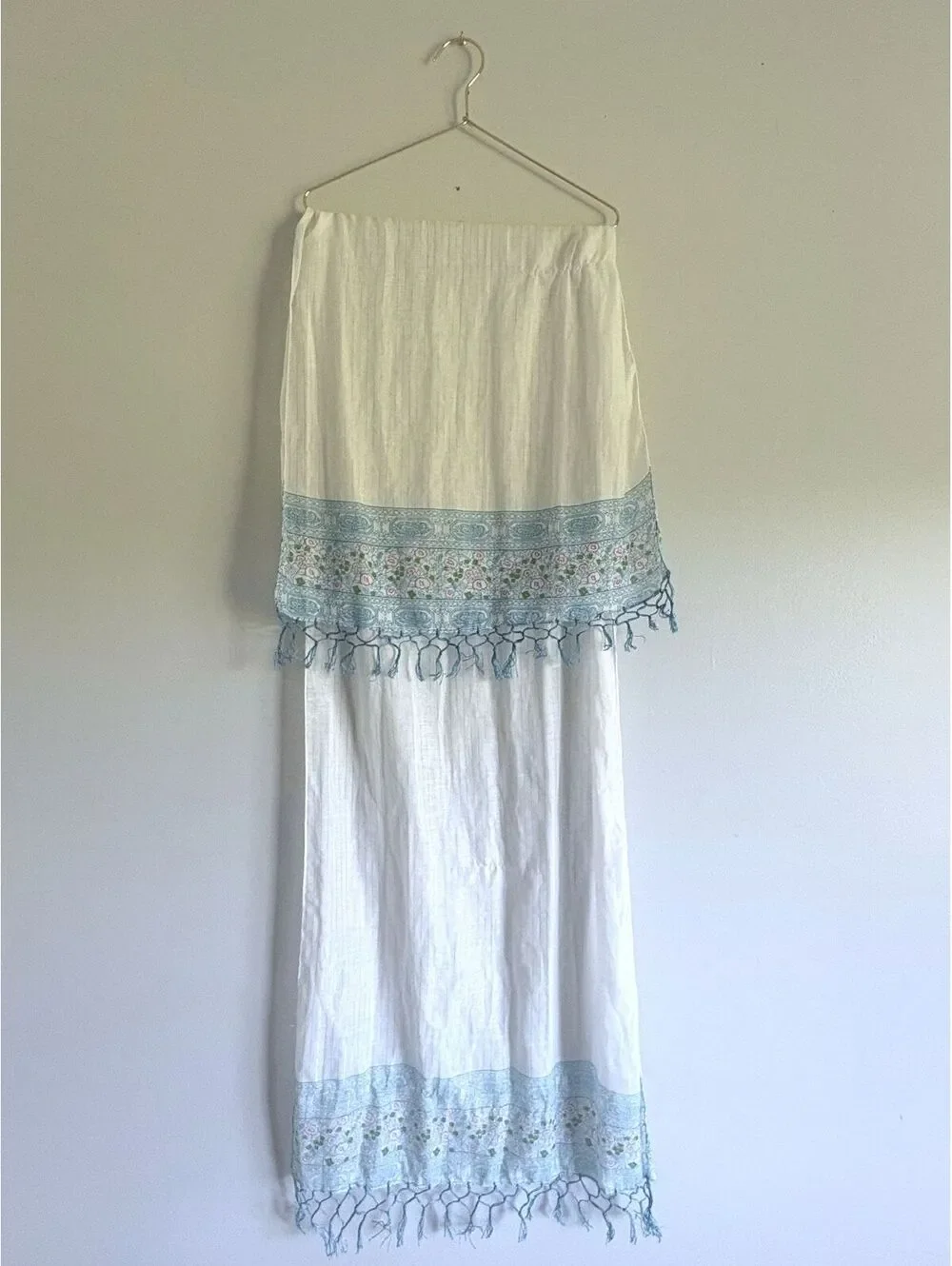 White Long Scarf with Blue Floral Border and Fringe